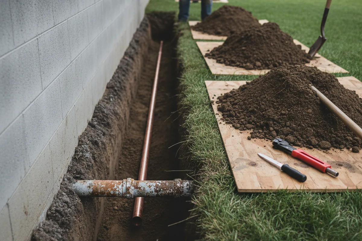 Excavated water line trench during Water Softener Installation in Inman